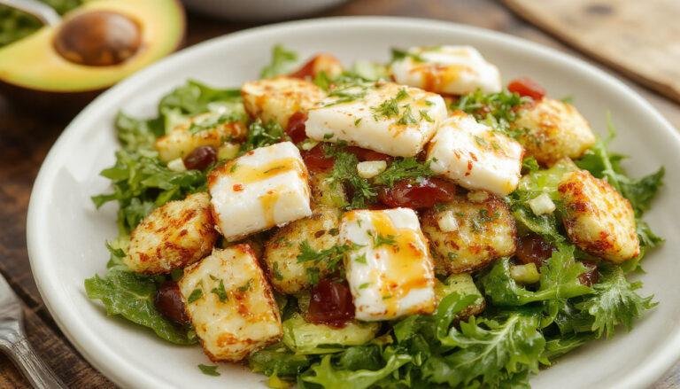 Ensalada de brotes tiernos con queso de cabra desmenuzado, adornada con nueces y un toque de vinagreta de miel, presentada en un plato blanco elegante con un fondo suave y natural.