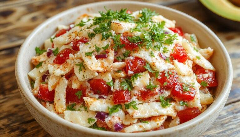Una ensalada de col cremosa en un cuenco blanco, con finas tiras de col blanca y morada mezcladas con una salsa blanca suave, decorada con unas hojas de perejil fresco, presentada sobre una mesa de madera rústica.