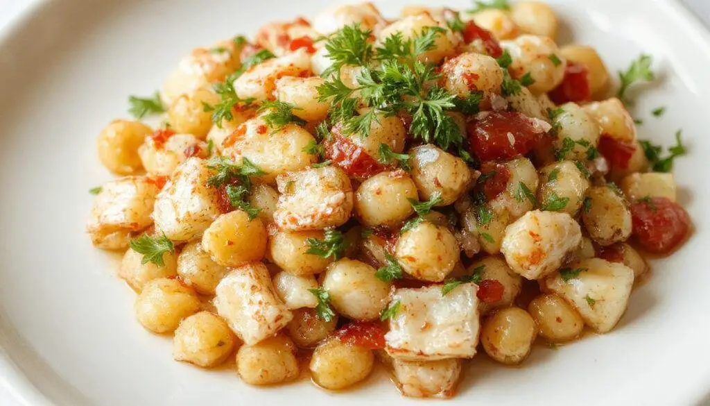 Ensalada de garbanzos con ventresca de atún presentada en un plato blanco, con garbanzos suaves, trozos de ventresca dorada y decorada con hierbas frescas.