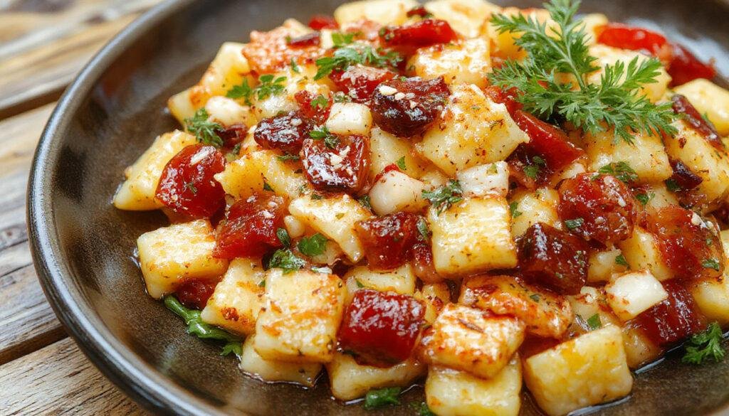 Ensalada de pasta fría con atún y maíz en un plato blanco, colores vibrantes de ingredientes como amarillo del maíz, rosa del atún y pasta en tonos claros, decorada con hierbas frescas, presentada sobre una mesa de madera con un ambiente soleado y veraniego.