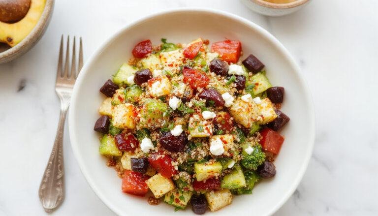 Ensalada de quinoa con verduras asadas en un plato blanco, con pimientos rojos, calabacín, tomate y queso feta desmenuzado, decorada con hojas verdes y un toque de hierbas frescas.