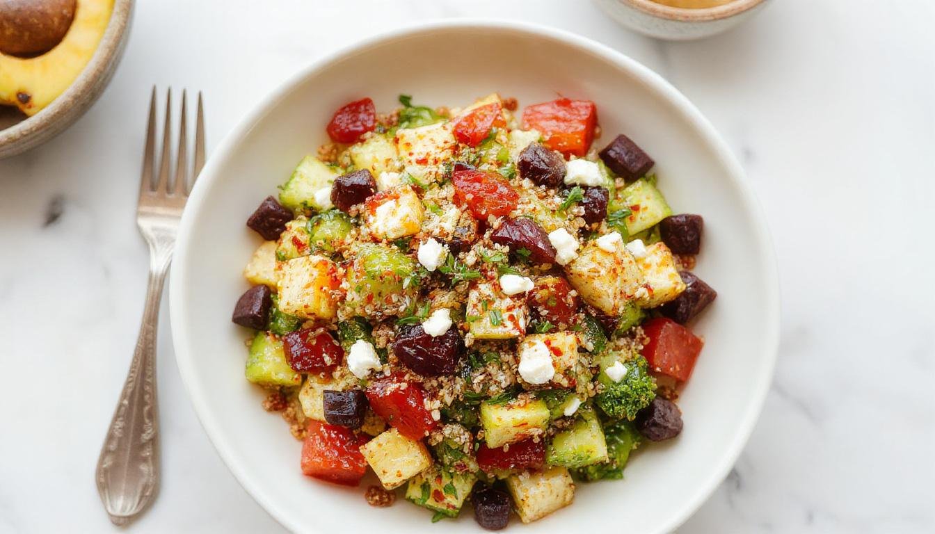 Ensalada de quinoa con verduras asadas en un plato blanco, con pimientos rojos, calabacín, tomate y queso feta desmenuzado, decorada con hojas verdes y un toque de hierbas frescas.