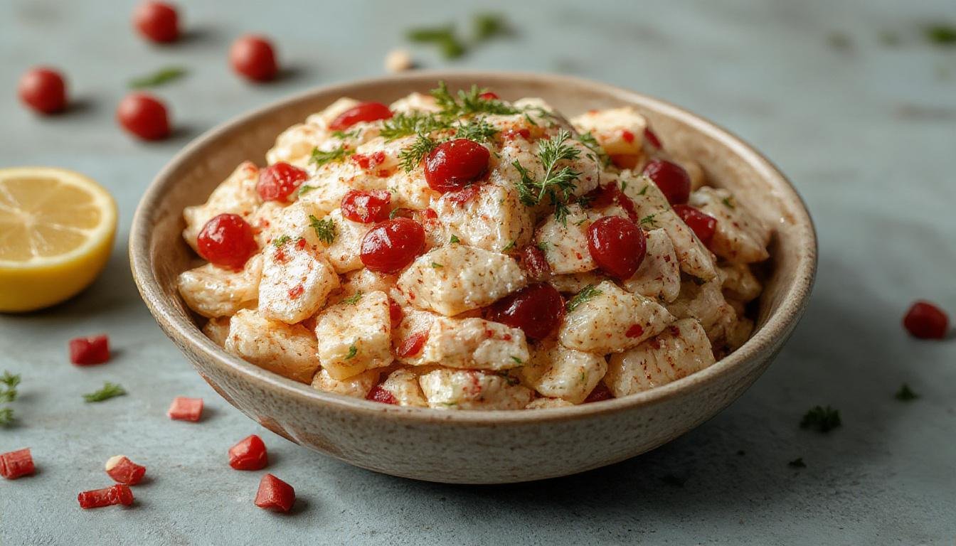 Ensaladilla rusa cremosa y colorida en un plato ovalado, con trozos de patata, zanahoria, guisantes, y atún, decorada con aceitunas y huevo picado, presentada como una tapa fría elegante y apetecible.