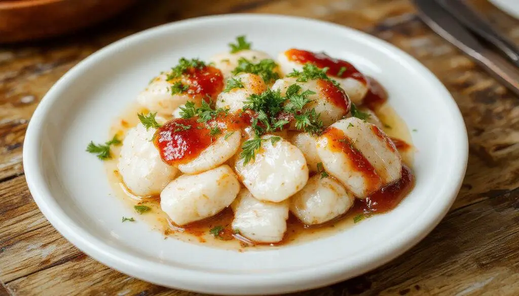 Un plato de espárragos blancos de Navarre en un plato blanco, acompañado de dos salsas diferentes, uno de ellas de color oscuro y el otro de tono más claro, presentados de forma elegante con un toque minimalista, resaltando su textura tersa y brillante.