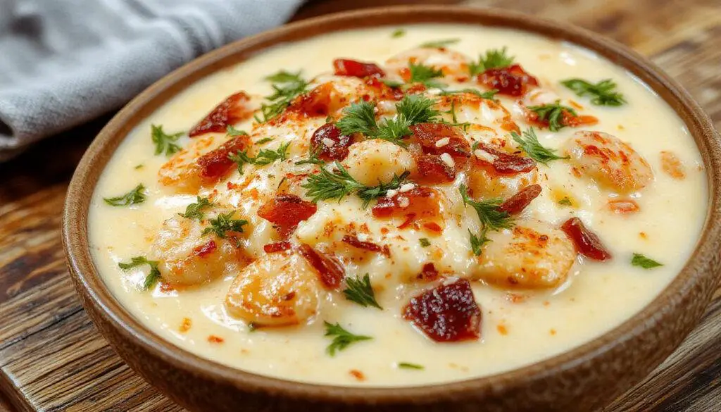 Plato de espinacas a la crema en un plato blanco con piñones y pasas distribuidos por encima, acompañado de una ramita de perejil como decoración, todo presentado sobre una mesa de madera con un fondo nublado y suave iluminación que resalta la textura cremosa y los ingredientes.