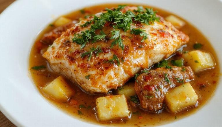 Plato de estofado de ternera en un plato hondo, con trozos de carne, patatas y zanahorias en una salsa espesa y brillante, decorado con hierbas frescas.