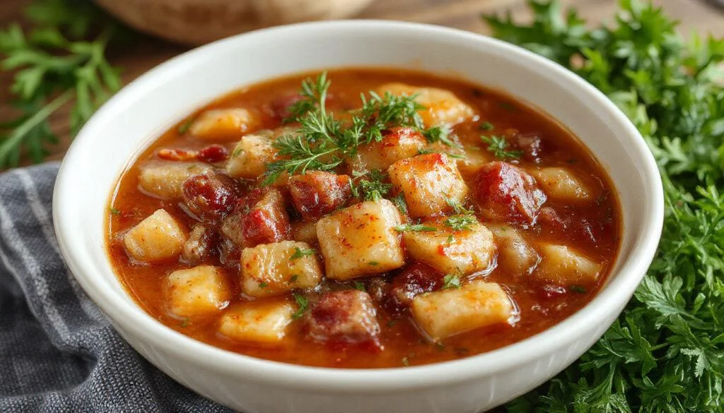 Plato de fabada asturiana en un plato hondo, con judías blancas, trozos de chorizo y morcilla, todo en un caldo espeso y colorido, acompañado de pan y un fondo rústico que resalta la tradición.