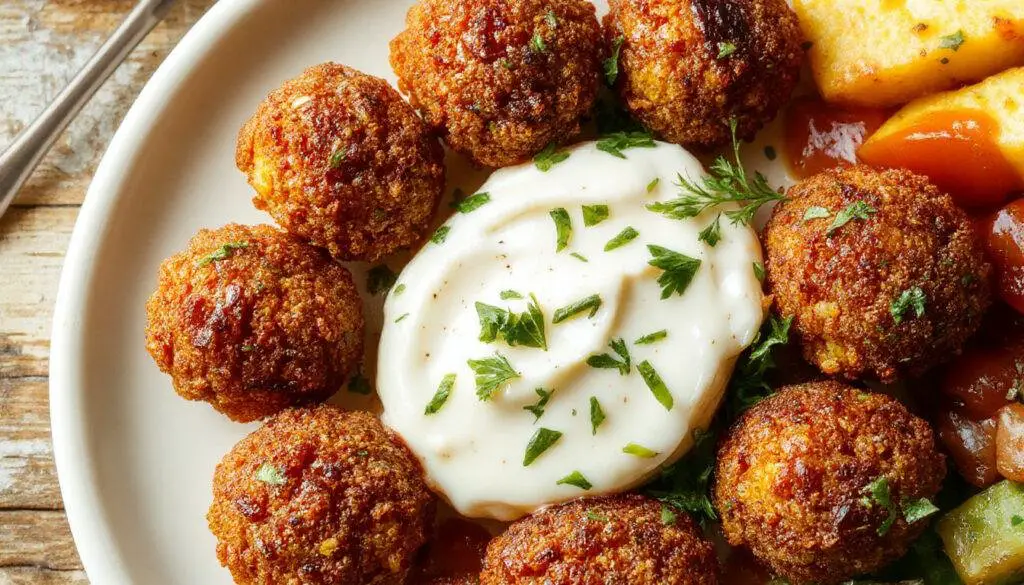 Falafel casero crujiente de color marrón dorado con un exterior crujiente y un interior esponjoso, servido en un plato con salsa de yogur blanca y cremosa, acompañado de hierbas frescas y rodajas de limón, presentado en una mesa moderna y elegante.