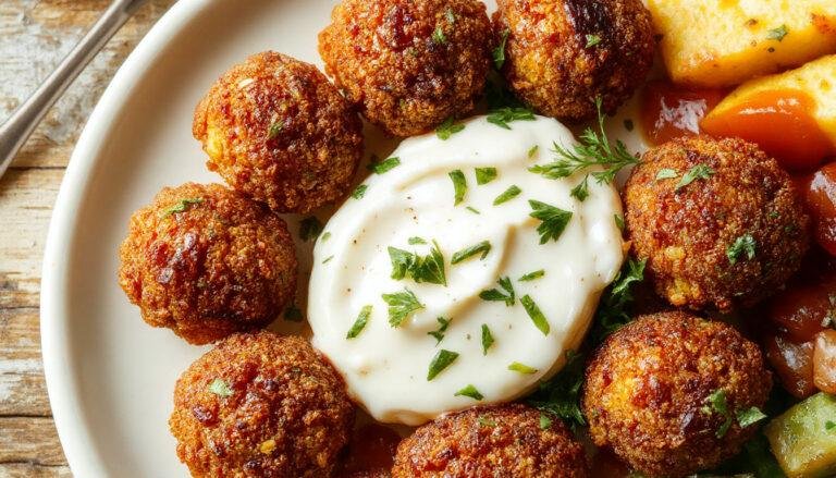 Falafel casero crujiente de color marrón dorado con un exterior crujiente y un interior esponjoso, servido en un plato con salsa de yogur blanca y cremosa, acompañado de hierbas frescas y rodajas de limón, presentado en una mesa moderna y elegante.