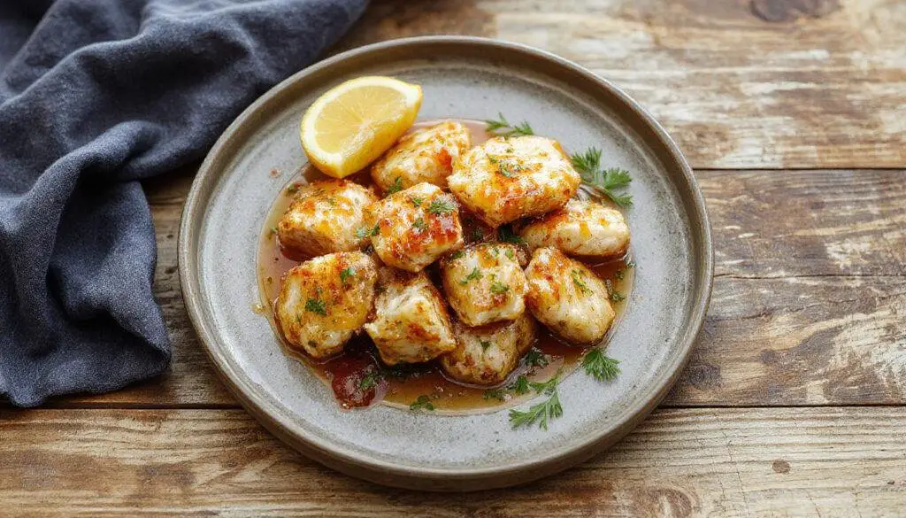 Palitos de pollo crujientes dorados en un plato blanco, acompañados de una pequeña porción de salsa de miel y mostaza en un tazón adicional. La textura del pollo rebosado se ve crujiente y jugosa, con un color uniforme dorado que invita a saborear.
