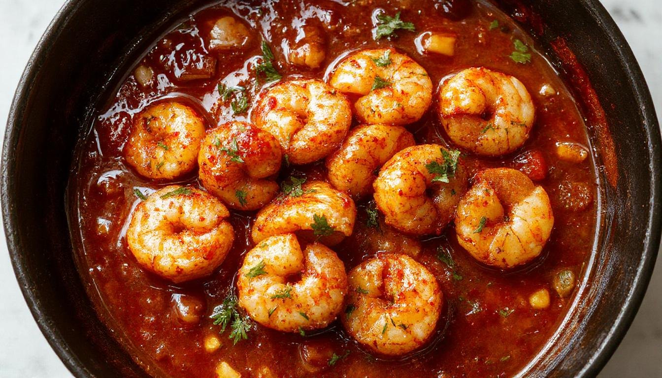 Gambas al ajillo en una cazuela de barro, con gambas rosadas y brillantes en una salsa de ajo dorado, adornadas con perejil fresco, presentado en una cazuela rústica con un fondo de madera.