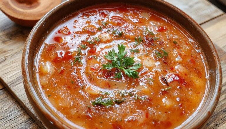 Un cuenco de gazpacho andaluz de color rojo vibrante, decorado con trozos de pepino, pimiento y tomate, presentación en un plato rústico acompañado de pan crujiente y una ramita de albahaca fresca.