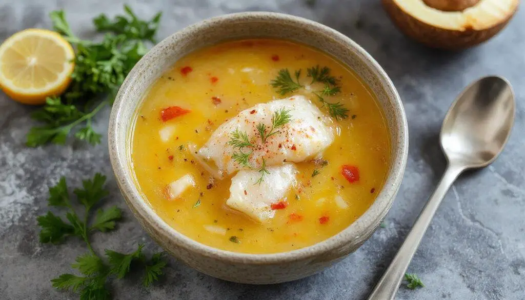 Plato de gazpachuelo malagueño en un cuenco blanco, con caldo humeante, trozos de pescado, patatas y mayonesa en la superficie, rodeado de ingredientes frescos y un toque de perejil.