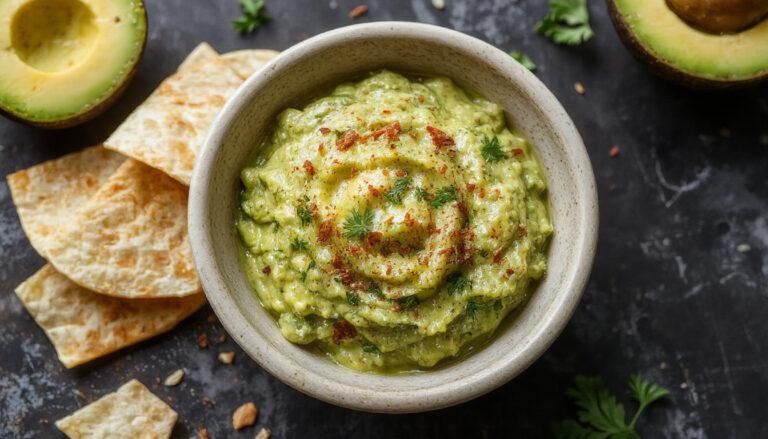 Un tazón de guacamole casero fresco, de color verde vibrante, decorado con rodajas de lima y semillas de granada, presentado en un plato rústico junto a totopos crujientes y una ramita de cilantro fresco, con una textura cremosa y algunos trozos visibles de aguacate y tomate.
