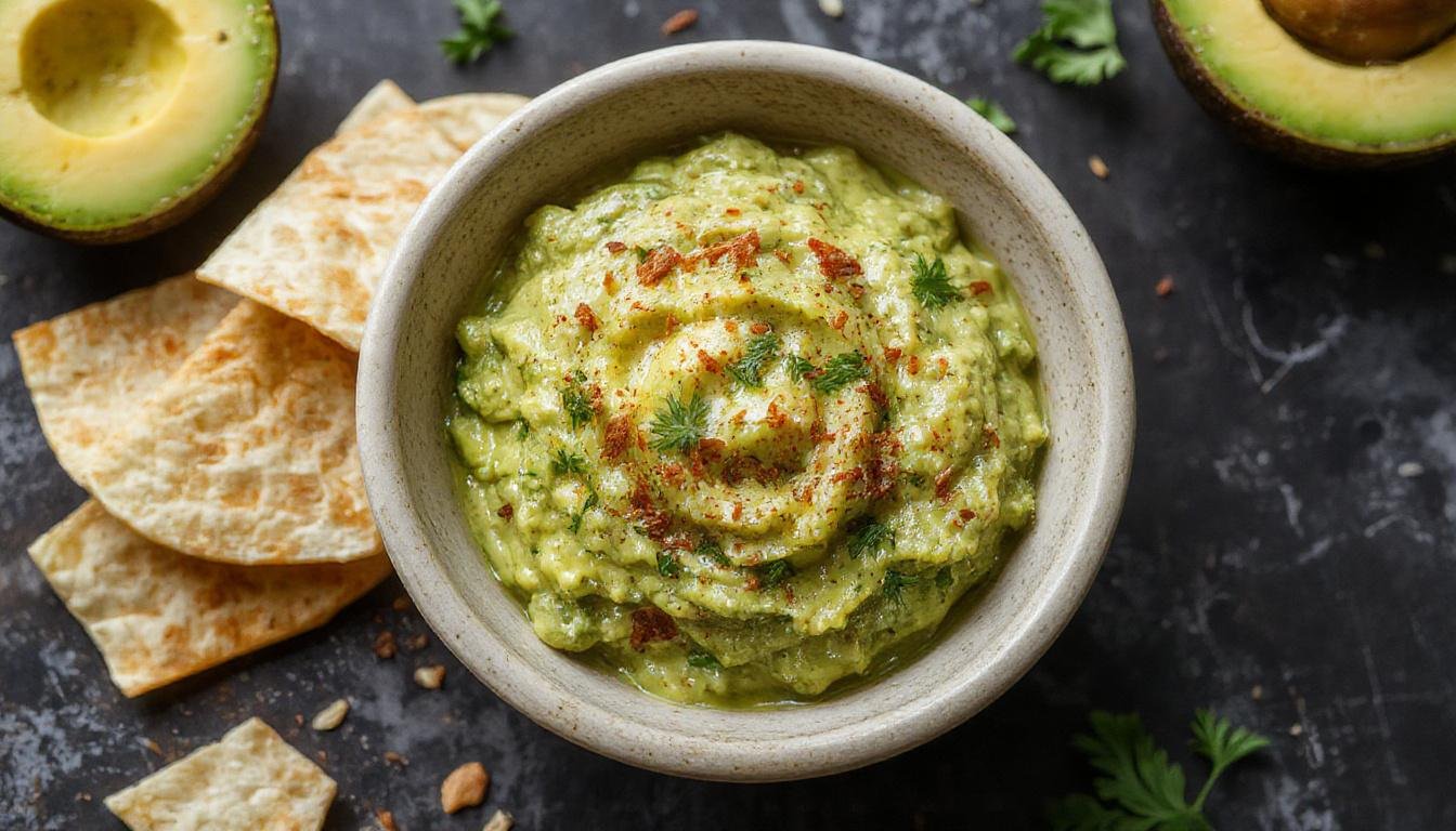 Un tazón de guacamole casero fresco, de color verde vibrante, decorado con rodajas de lima y semillas de granada, presentado en un plato rústico junto a totopos crujientes y una ramita de cilantro fresco, con una textura cremosa y algunos trozos visibles de aguacate y tomate.