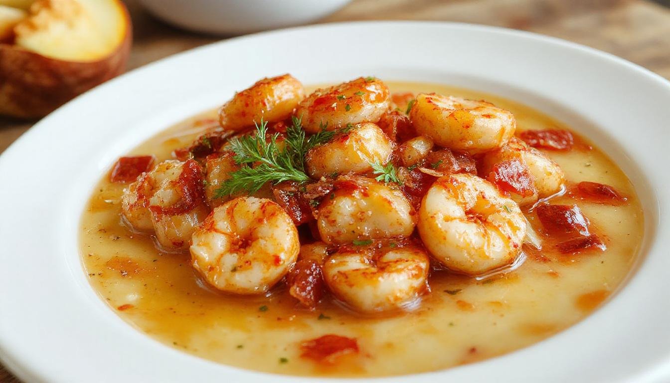 Plato de gulas al ajillo con gambas y guindilla en una cazuela de cerámica blanca, decorado con hojas de perejil, resaltando el sabor mediterráneo y la textura crujiente de los ingredientes, presentación elegante y apetitosa