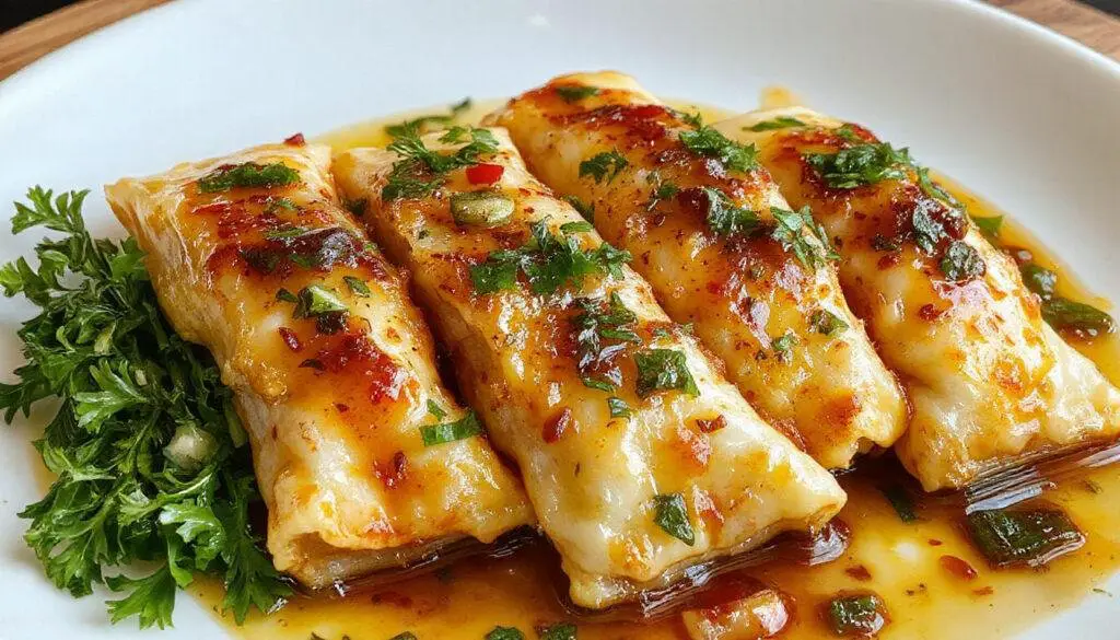 Gyozas de cerdo y verduras a la plancha, doradas y crujientes en la parte superior, con un relleno visible de carne y vegetales, servidas en un plato blanco minimalista con salsa a un lado.