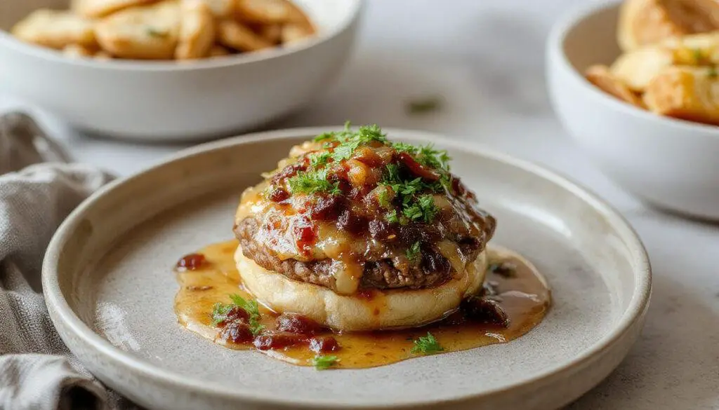 Una hamburguesa gourmet casera presentada sobre un plato rectangular, con un pan brioche dorado, carne jugosa, queso derretido, cebolla caramelizada en la parte superior, y lechuga fresca, todo con una apariencia apetitosa y detallada.