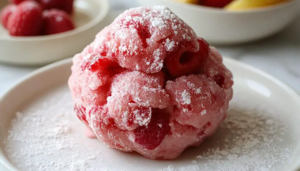 Un vaso transparente con helado casero de fresa de color rosa intenso y una textura cremosa, decorado con unas fresas frescas en la parte superior, acompañado de una cuchara de madera sobre una mesa de madera clara.