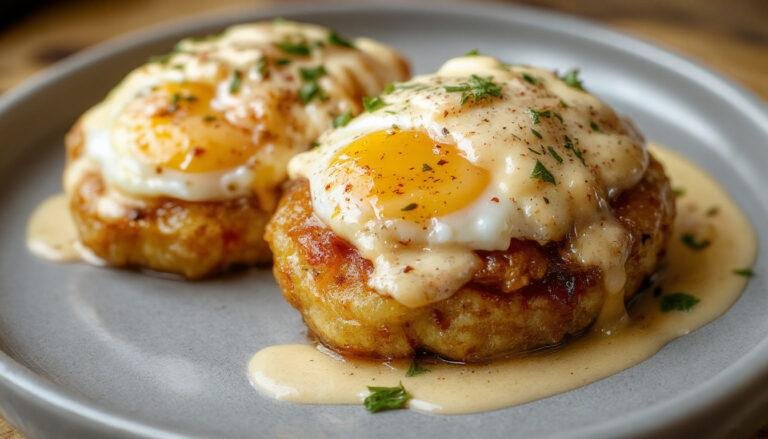 Huevos mollet con yema ligeramente líquida, servidos sobre una cremosa base de puré de patatas con finas láminas de trufa negra, presentados en un plato elegante con detalles decorativos.