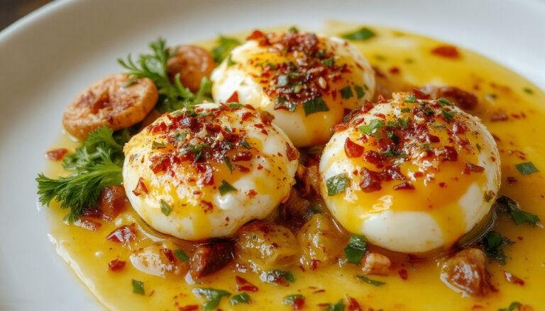 Plato de huevos rellenos de color dorado y blanco, cortados por la mitad para mostrar el relleno de atún y mayonesa en su interior, decorados con perejil fresco, presentado en un plato blanco sobre una mesa de madera.