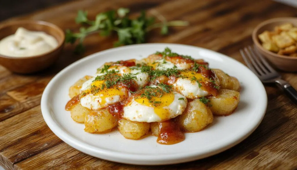 Un plato de huevos rotos con jamón y patatas fritas en un plato blanco, con huevos estrellados y yema dorada, rodeados de jamón ibérico en trozos y patatas crujientes, presentado con un toque rústico y apetitoso.