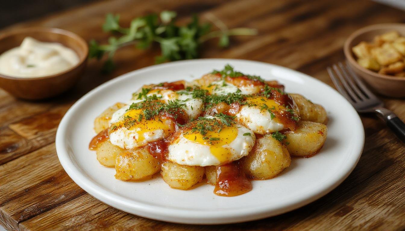 Un plato de huevos rotos con jamón y patatas fritas en un plato blanco, con huevos estrellados y yema dorada, rodeados de jamón ibérico en trozos y patatas crujientes, presentado con un toque rústico y apetitoso.
