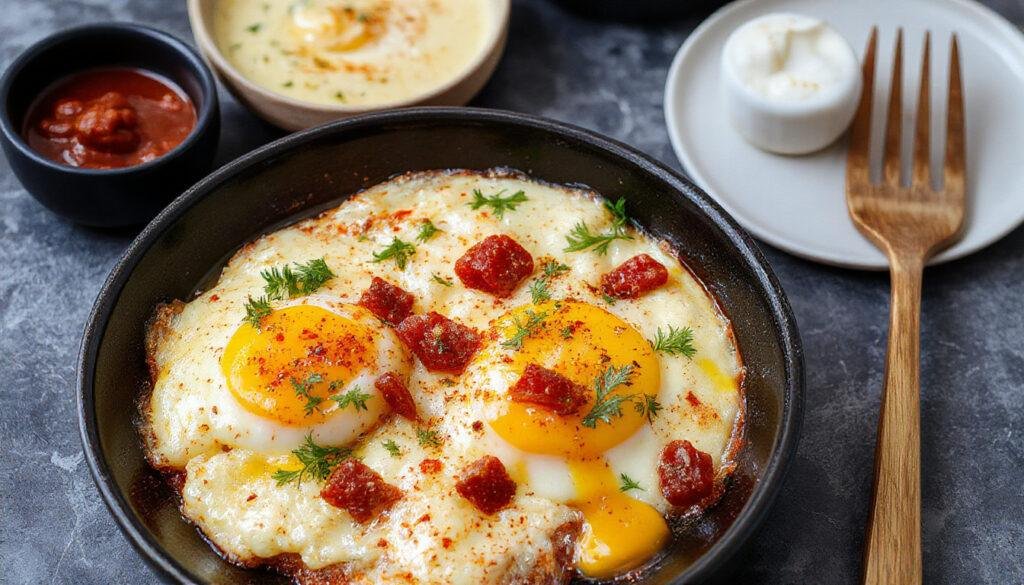 Plato de huevos a la flamenca en una cazuela de barro, con huevos escalfados rodeados de chorizo, guisantes verdes y salsa roja, decorado con perejil fresco.