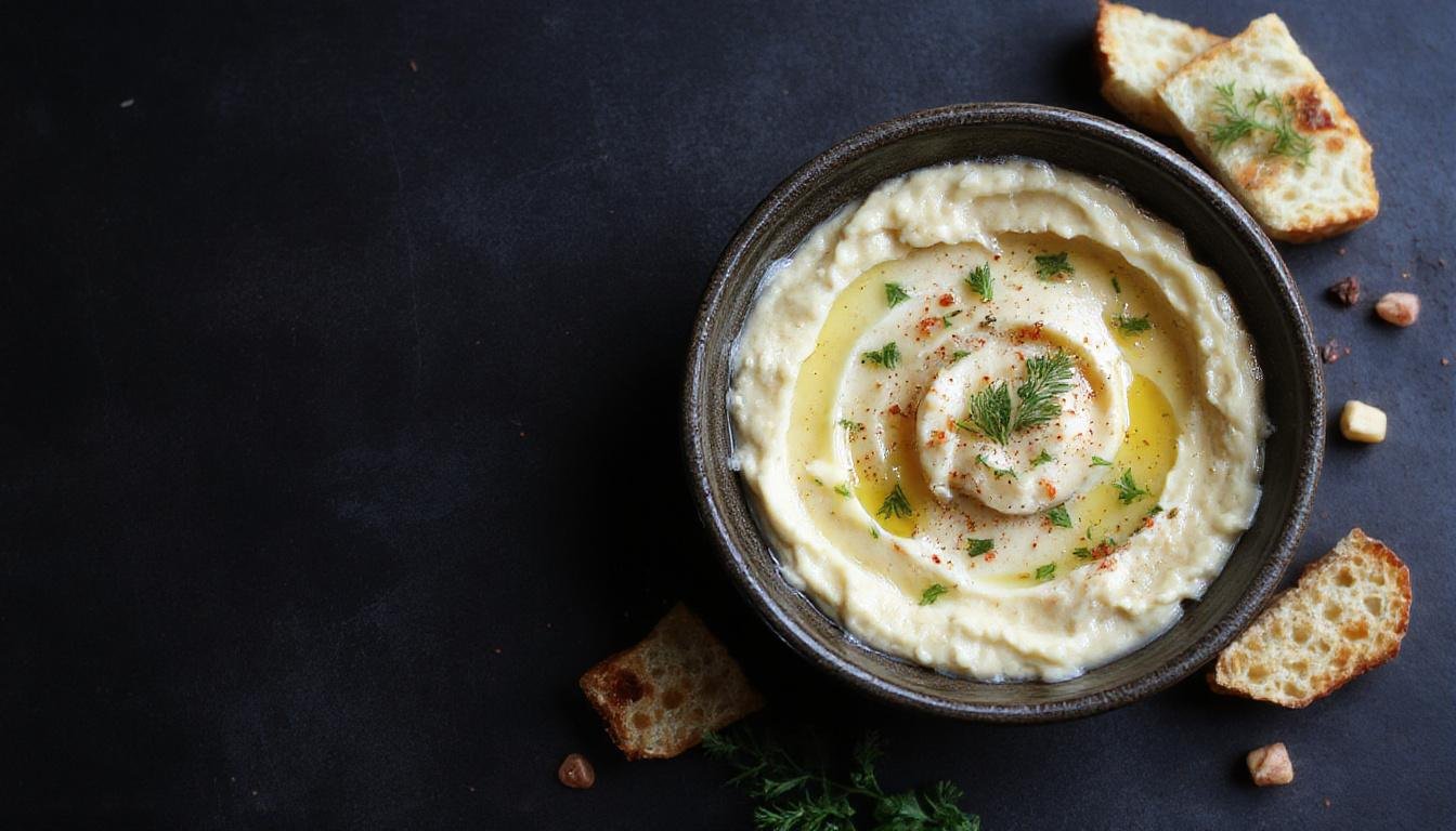 Un tazón de hummus de garbanzos casero, suave y cremoso, decorado con un chorrito de aceite de oliva, pimentón y cilantro fresco, acompañado de pan pita y vegetales frescos en un plato de madera rústico.