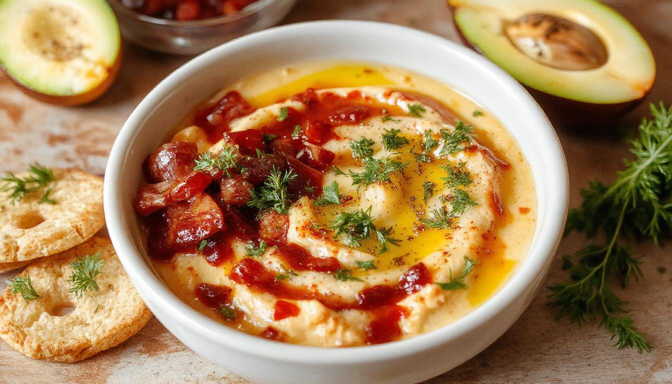 Un tazón de hummus de remolacha con un color vibrante rosa oscuro, decorado con un chorrito de aceite de oliva y semillas de sésamo, acompañado de rebanadas de pan tostado y vegetales frescos en el fondo.