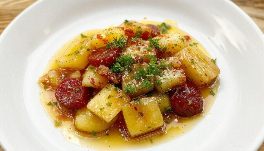 Plato hondo con judías verdes, patatas y chorizo en un guiso espeso y sabroso, presentado en una taza de cerámica rústica, con verduras frescas y trozos de chorizo visibles, resaltando tonos verdes vibrantes, amarillos dorados y rojos intensos.