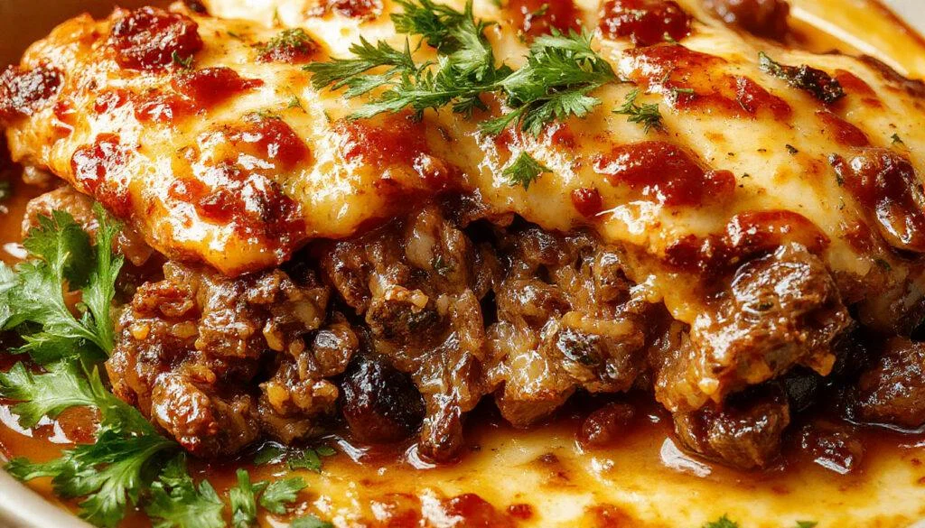 Plato de lasaña de carne con capas doradas y burbujeantes, con salsa boloñesa visible entre las capas de pasta y queso gratinado en la parte superior, decorado con hierbas frescas.