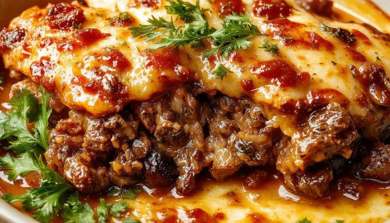 Plato de lasaña de carne con capas doradas y burbujeantes, con salsa boloñesa visible entre las capas de pasta y queso gratinado en la parte superior, decorado con hierbas frescas.