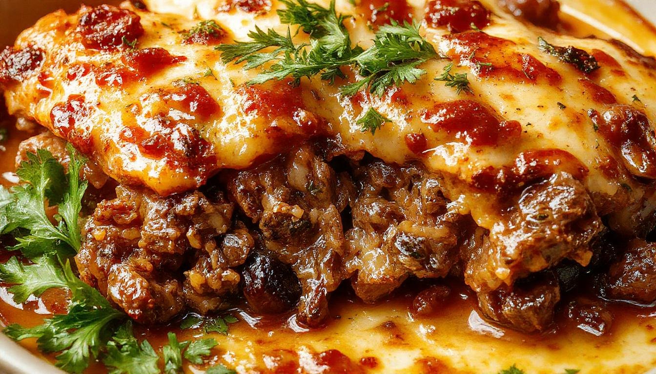 Plato de lasaña de carne con capas doradas y burbujeantes, con salsa boloñesa visible entre las capas de pasta y queso gratinado en la parte superior, decorado con hierbas frescas.