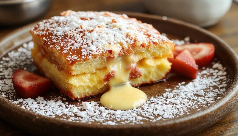 Un plato de leche frita presentado en un plato blanco redondo, con una textura cremosa y dorada por fuera. La leche frita está cortada en rectángulos, espolvoreada con azúcar glas y acompañada de un toque de canela en polvo, exhibiendo un contraste entre su superficie crujiente y el interior suave.