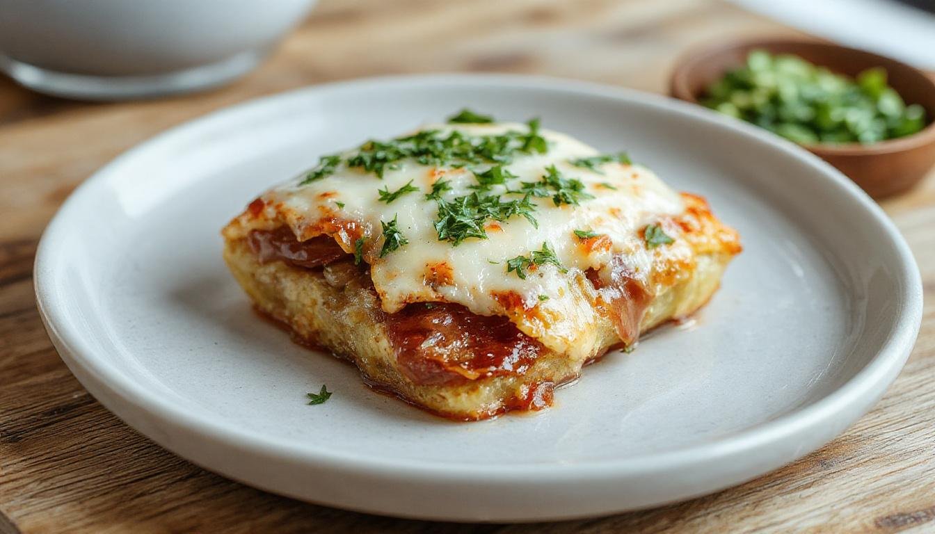 Plato de libritos de lomo rellenos de jamón y queso, presentados en un plato blanco con un toque dorado en la superficie, acompañados de guarnición de verduras y decorados con hierbas frescas.