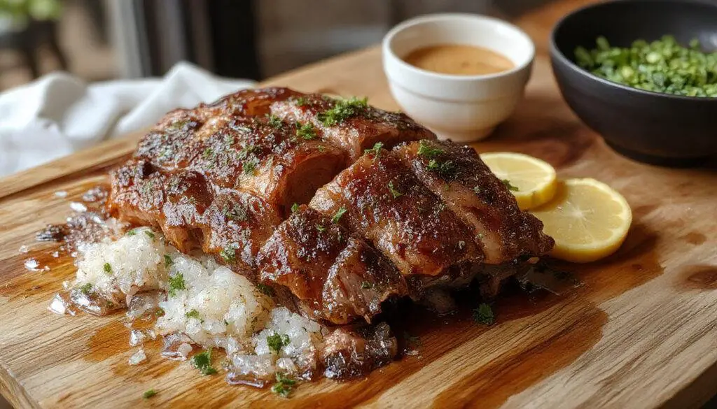 Imagen de un lomo a la sal recién salido del horno, presentando una corteza dorada y crujiente con un interior jugoso y terso, colocado sobre una bandeja de madera con medallas de sal grosa en la superficie, acompañado de hierbas frescas y verduras asadas al fondo.