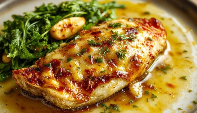 Lubina al horno dorada y crujiente en su piel, servida sobre una bandeja con rodajas de patatas panadera doradas y jugosas, acompañadas de ramas de perejil fresco y rodajas de limón, la presentación es rústica y apetitosa con un toque gourmet.