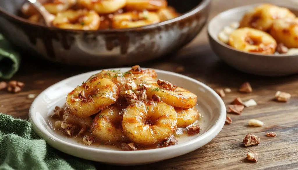 Manzanas asadas con cáscara dorada y ligeramente crujiente, rellenas de nueces y canela, servidas en un plato blanco sobre una mesa de madera, con un toque de azúcar en polvo espolvoreado por encima.