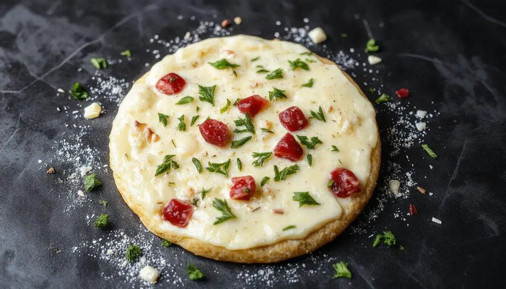 Una ensaladilla cremosa y colorida presentada sobre una rosquilla dorada, decorada con pequeñas gotas de salsa marinera en la parte superior, y acompañada por una copa de vino en un fondo de madera clara, resaltando los colores vibrantes y la textura suave del plato.
