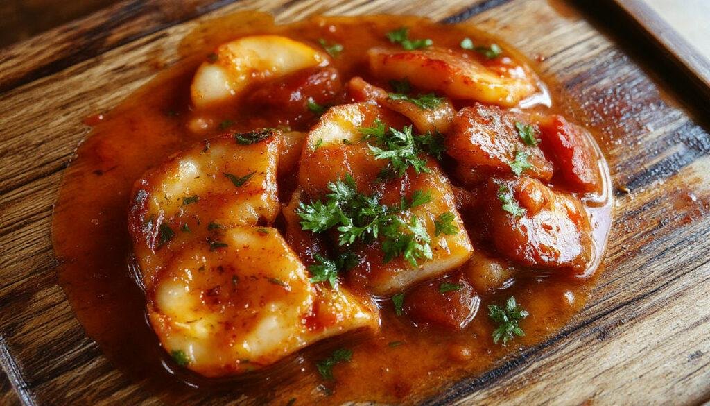 Plato de marmitako de bonito servido en un plato hondo, con trozos de bonito y patatas en un caldo rojo brillante, decorado con perejil fresco y cebolla picada, presentación tradicional y apetecible.