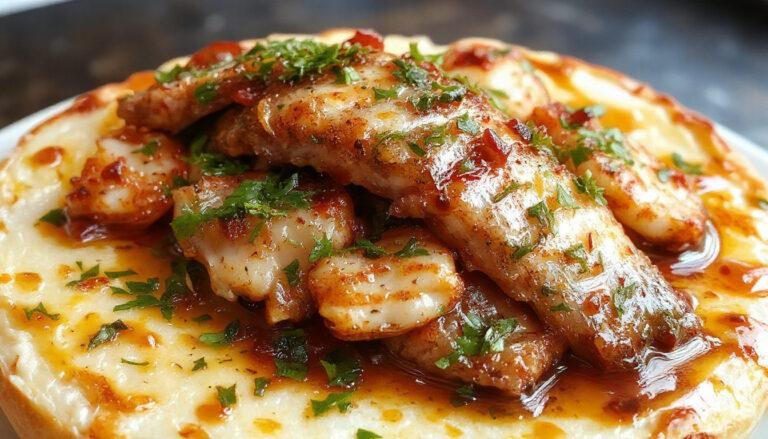 Una tapa de matrimonio consistente en una anchova y un boquerón servidos sobre una rebanada de pan crujiente, decorados con pequeños toques de hierbas. La presentación es sencilla pero apetitosa, con los pescados brillantes y el pan dorado contrastando visualmente.
