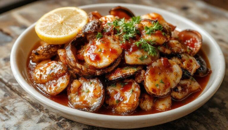 Plato de mejillones a la marinera con salsa picantita en una fuente blanca, los mejillones abiertos muestran su carne jugosa cubierta por una salsa roja con especias, decorados con perejil fresco y rodajas de limón sobre un fondo de madera.