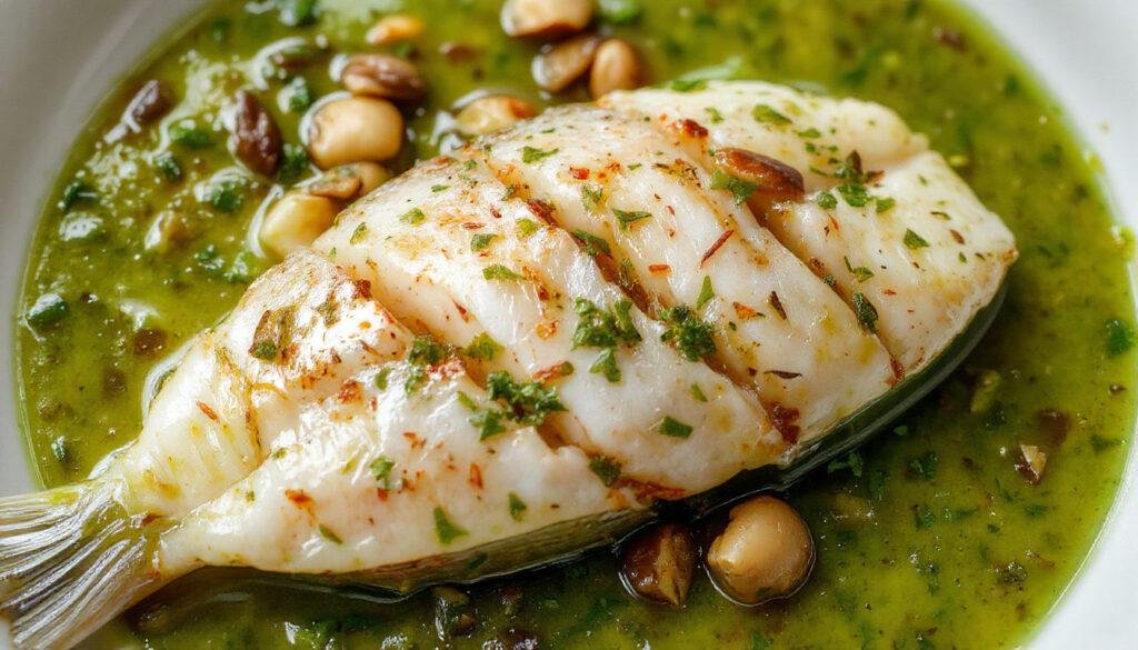 Plato de merluza en salsa verde con almejas en un plato blanco, acompañado de guarnición y decorado con hierbas frescas; la salsa verde brillante cubre la merluza y las almejas, creando un contraste apetitoso.