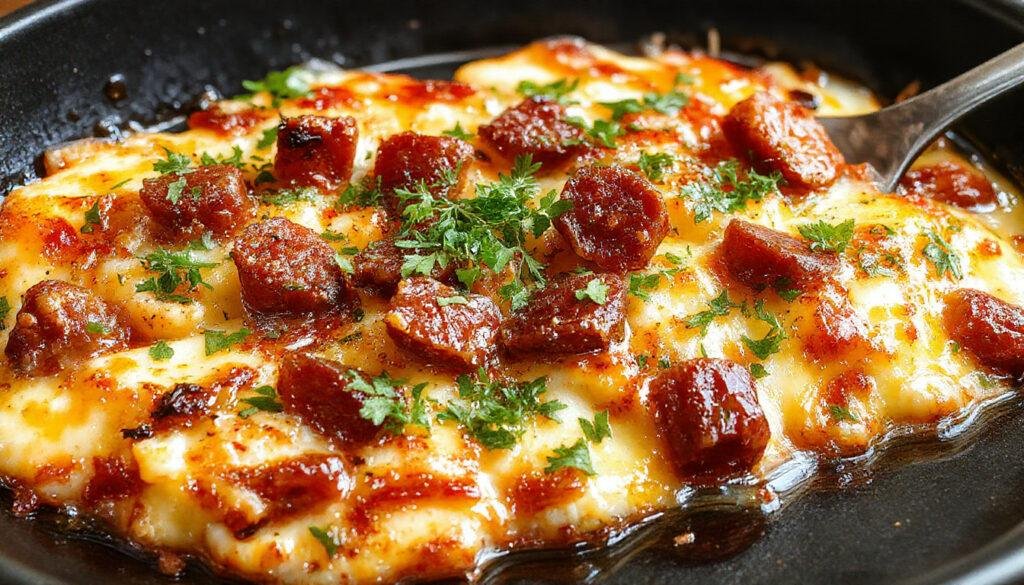 Plato de migas extremeñas con trozos dorados de pan, chorizo en rodajas y pimientos rojos asados, presentado en un plato rústico sobre una mesa de madera, con apariencia crujiente y colorida.