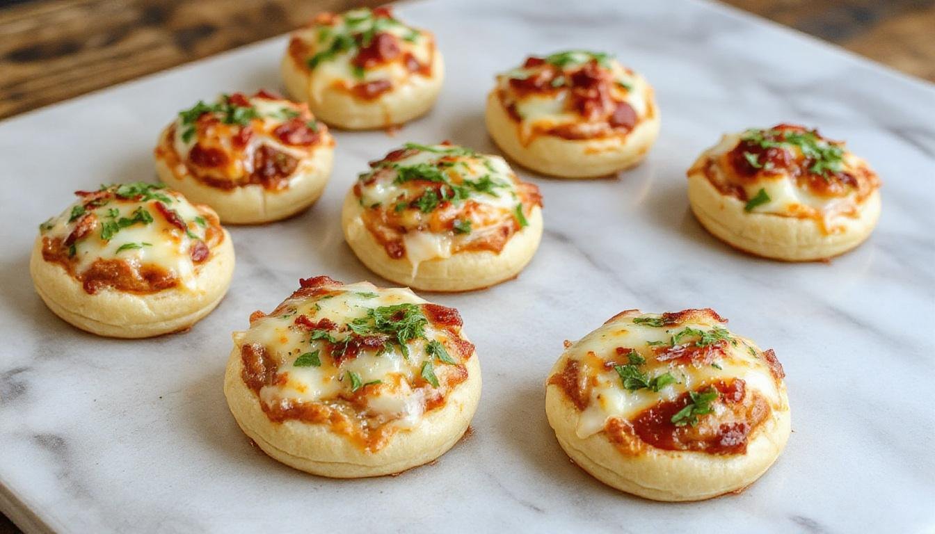 Mini pizzas en pan de pita con cobertura de queso derretido, tomate y verduras, presentadas en un plato colorido, con un fondo de ingredientes frescos y utensilios de cocina.