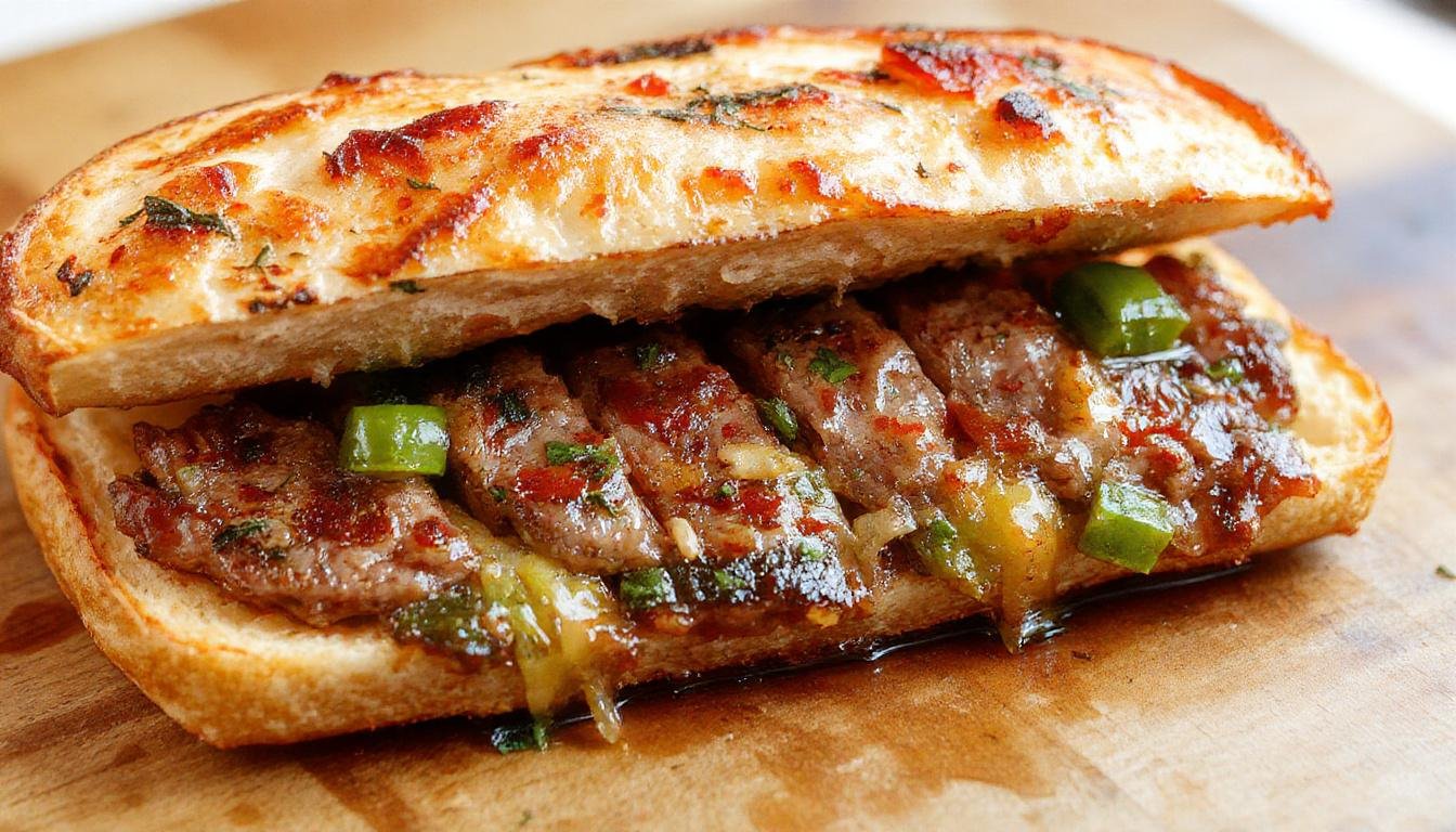 Un montadito de lomo con pimiento verde frito en un plato blanco, la pieza de lomo dorada y jugosa, junto a un pimiento verde crujiente y fritado, presentado en un estilo elegante y apetitoso