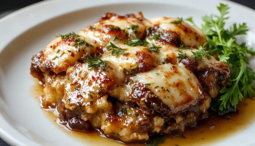 Plato de moussaka griega en un molde rectangular, con capas visibles de berenjenas doradas, carne sazonada y salsa bechamel cremosa, decorado con hierbas frescas.