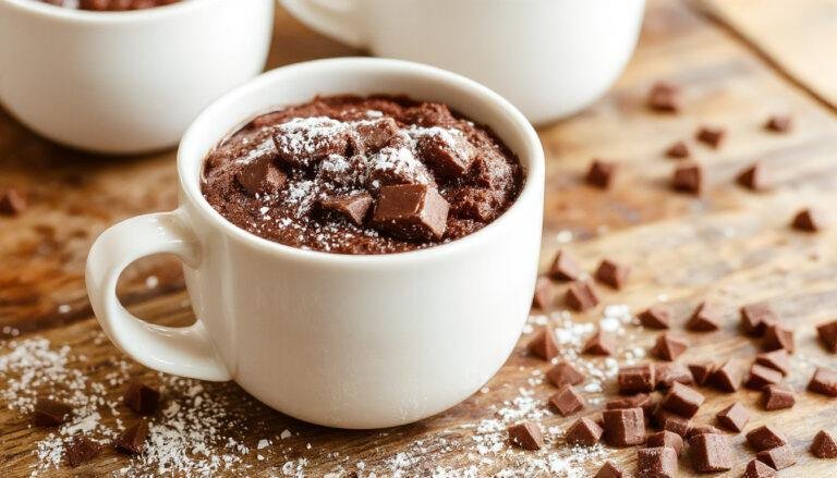 Un mug de chocolate caliente y espumoso, con un bizcocho a la taza visible en su interior, rodeado de polvo de cacao y decorado con virutas de chocolate, presentado sobre una mesa de madera con una cuchara al lado.