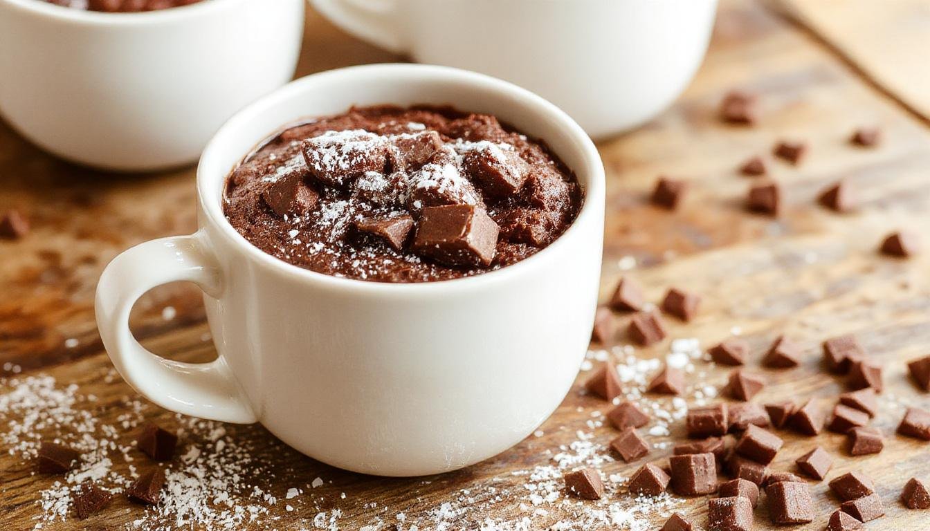 Un mug de chocolate caliente y espumoso, con un bizcocho a la taza visible en su interior, rodeado de polvo de cacao y decorado con virutas de chocolate, presentado sobre una mesa de madera con una cuchara al lado.